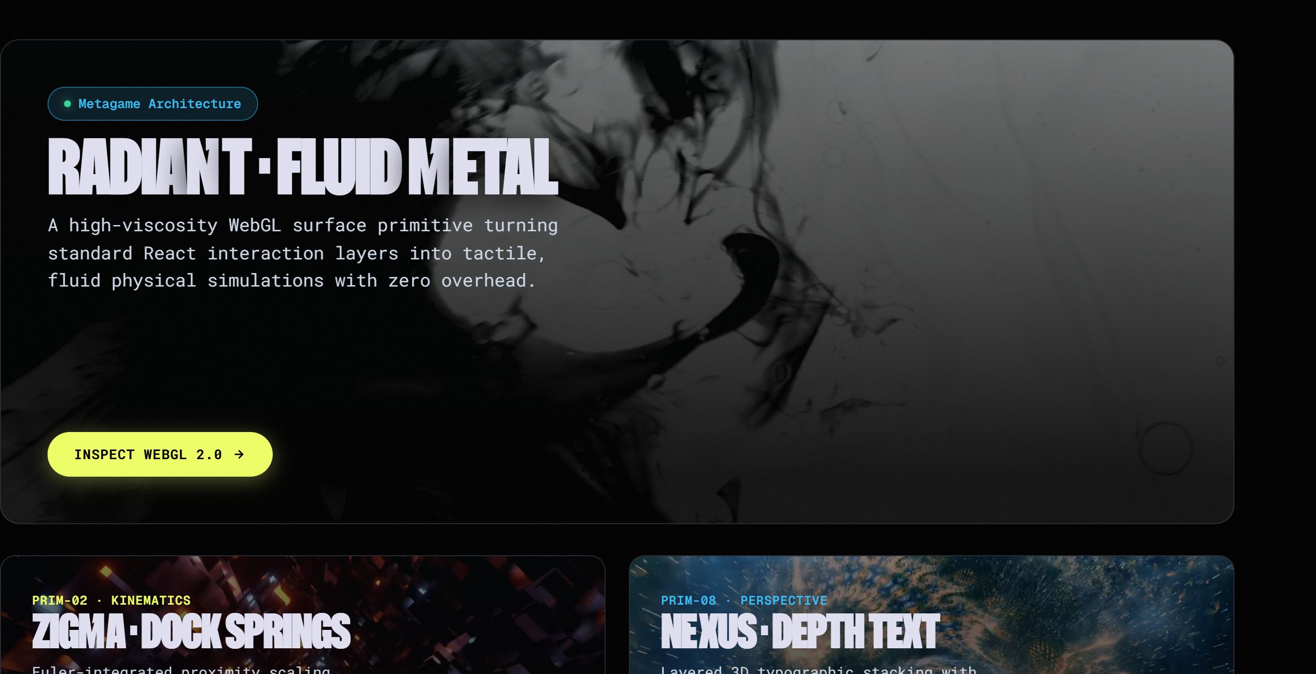 UDRX’s fluid metal shader presentation, with a large reflective surface preview and a link to inspect WebGL